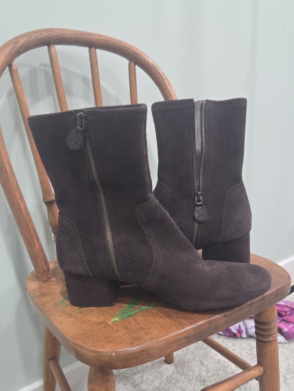 Tahari Dark Brown Suede Mid-Calf Zip Block Heel Boots